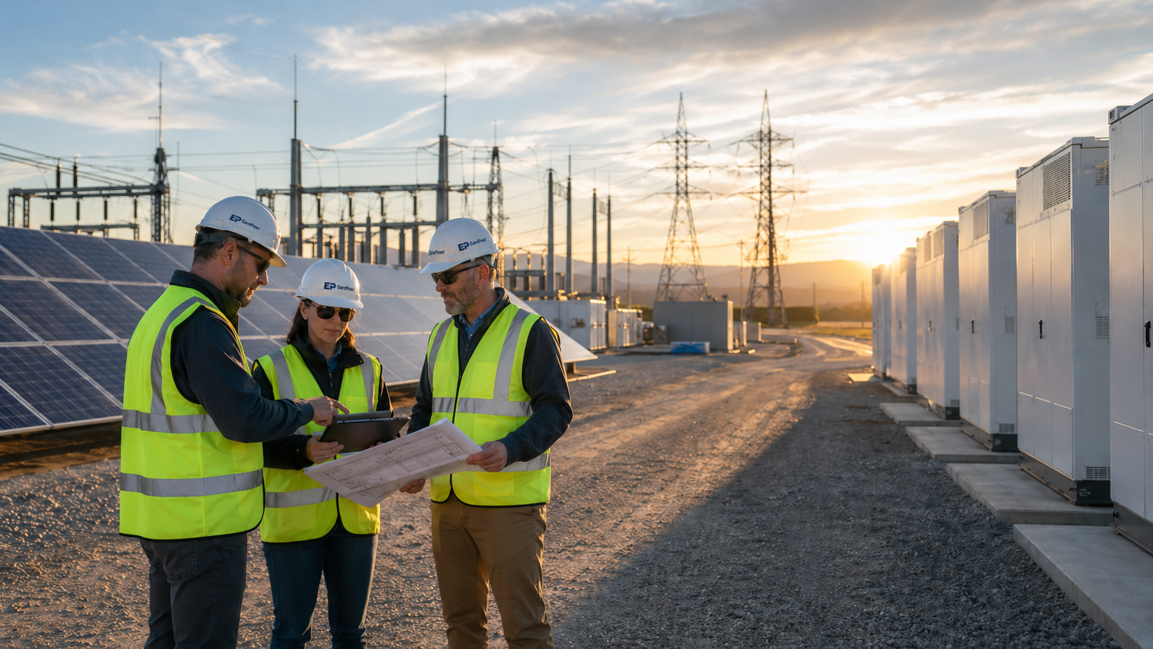 EarnPowr team reviewing plans at a mission-critical energy infrastructure site